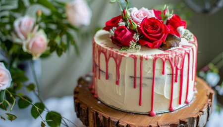 Wedding cake with red roses on a wooden stand, close-upの素材