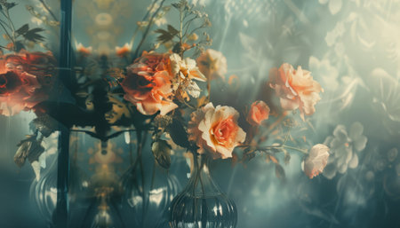 Vintage bouquet of flowers in a vase on a blurred backgroundの素材