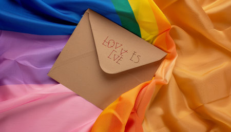 LGBTQ pride message written on a paper envelope with a rainbow flagの素材