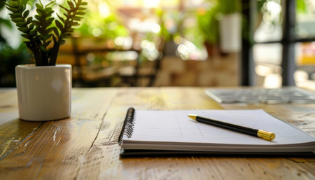 Notebook and pen on wooden table in coffee shop, stock photoの素材