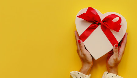 Female hands holding a gift box with a red bow on a yellow background.の素材