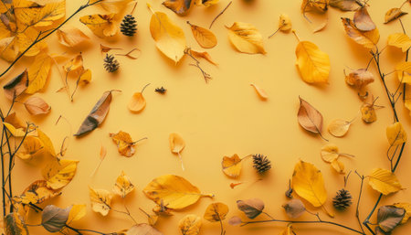 Autumn composition. Yellow leaves on yellow background. Flat lay, top view, copy spaceの素材