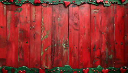 Christmas background with red wooden planks and garland of red heartsの素材