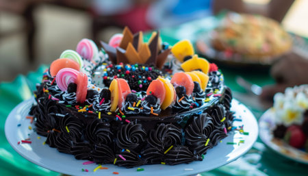 Birthday cake with colorful candies, selective focus, shallow DOFの素材