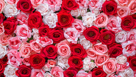 Background of red and white roses. Valentine's Day background. Top viewの素材