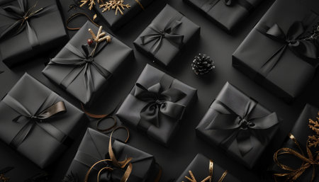Black gift boxes with gold ribbons on black background, top viewの素材