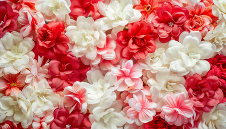 White and red artificial flowers background. Colorful artificial flowers background.の素材