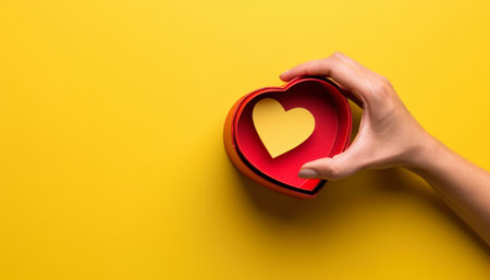 Valentine's Day concept. Woman's hand holding heart shaped box on yellow backgroundの素材
