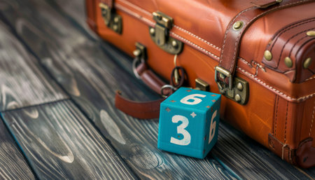 Vintage suitcase and blue cube with the number thirty on a wooden backgroundの素材