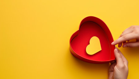 Female hands holding a red heart shaped box on yellow background with copy spaceの素材
