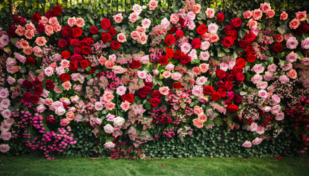 Beautiful red and pink roses blooming in the garden, floral backgroundの素材
