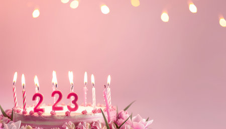 Birthday cake with burning candles on pink background with bokehの素材