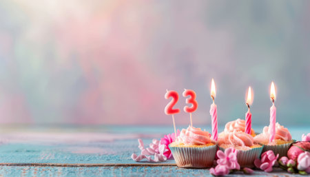 birthday cupcakes with candles on blue wooden background with copy spaceの素材