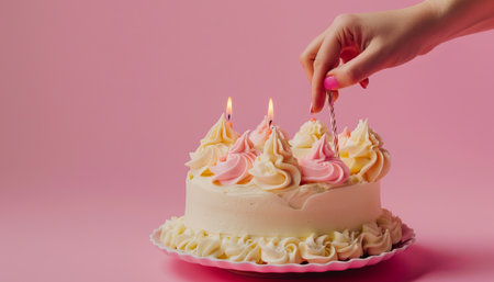 Birthday cake with pink frosting and candle in female hand on pink backgroundの素材