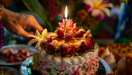 Birthday cake with candles and flowers, close-up, selective focusの素材