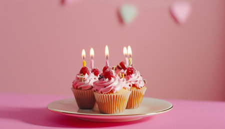 Birthday cupcakes with burning candles on pink background, closeupの素材