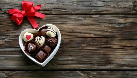 Heart shaped box of chocolates with red bow on wooden backgroundの素材