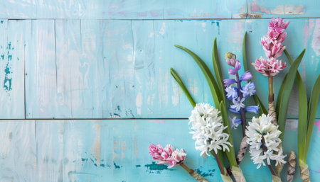 Colorful hyacinth flowers on blue wooden background, copy spaceの素材