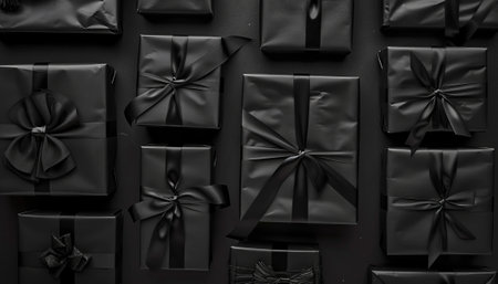 Black gift boxes with bows on black background. Flat lay, top view.の素材