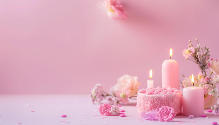 Birthday cake with candles and flowers on pink background with copy spaceの素材