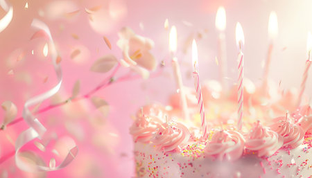 Birthday cake with candles and ribbons on pink background. 3d renderingの素材