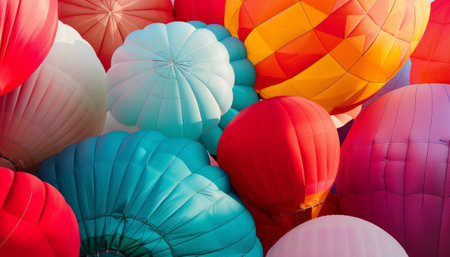 Colorful hot air balloons flying in the sky, close up.の素材