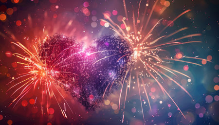 Heart shaped fireworks with bokeh background, valentines day conceptの素材