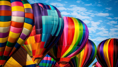Colorful hot air balloons flying in the blue sky, close upの素材