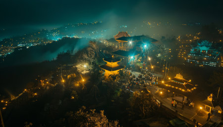 Aerial view of buddhist temple at night in Bali, Indonesiaの素材