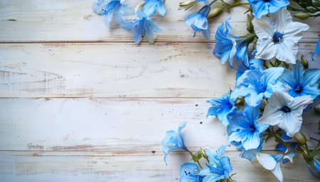 Blue flowers on a white wooden background. Place for your text.の素材