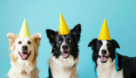 Funny dogs with birthday hats on color background. Concept of partyの素材