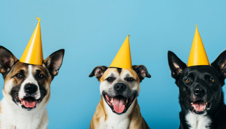 group of dogs with birthday hats on blue background, close-upの素材