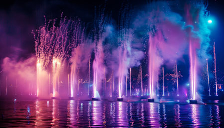 Colorful fountain show in the park at night, closeup of photoの素材
