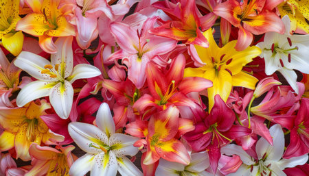 Colorful lily flowers as a background. Floral pattern.の素材