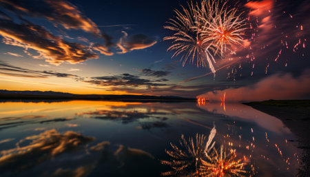 Colorful fireworks over the lake at night with reflection in water.の素材