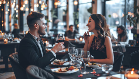 Beautiful young couple is having a romantic dinner in a restaurant.の素材