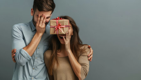Portrait of a happy young couple holding a gift box on grey backgroundの素材