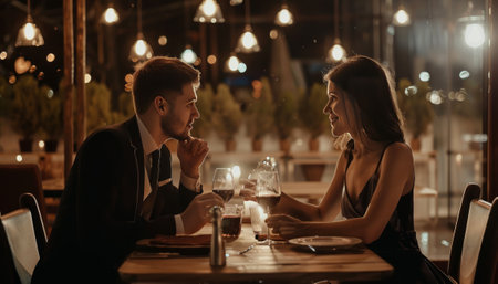 Beautiful young couple dating in a restaurant at night. Man and woman sitting at the table and talking.の素材