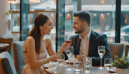 Beautiful young couple is having romantic dinner in a restaurant. They are drinking wine and smiling.の素材