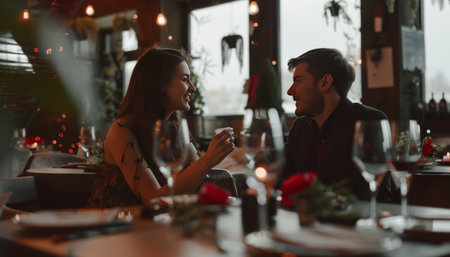 Young couple in love sitting in a restaurant, celebrating Valentine's Dayの素材