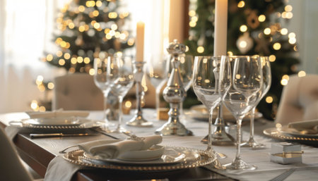 Beautiful table setting for Christmas dinner in living room, closeupの素材