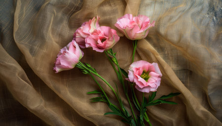 Bouquet of pink eustoma flowers on a brown fabricの素材