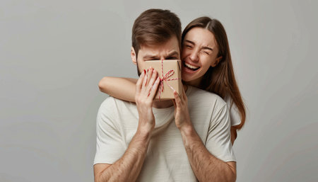Portrait of a young couple in love with gift box on grey backgroundの素材