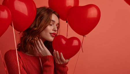 Beautiful redhead girl with red heart shaped balloons on red background. Valentine's day concept.の素材