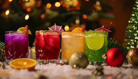 Variety of alcoholic cocktails on the table, Christmas and New Year backgroundの素材