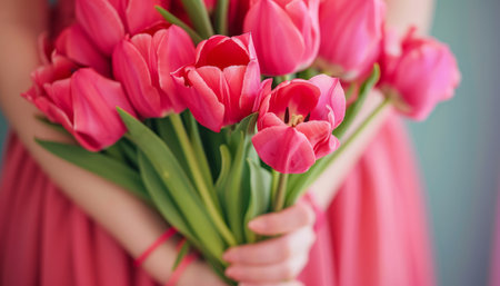 Bouquet of pink tulips in the hands of a girlの素材