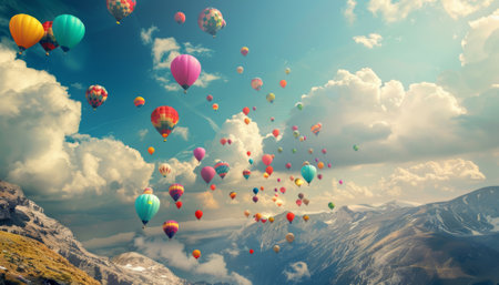 Colorful hot air balloons flying high in sky. 3D renderingの素材