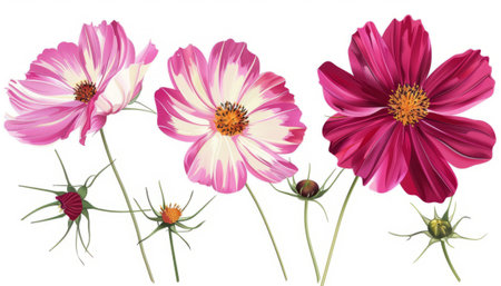 Set of pink cosmos flowers isolated on white background. Vector illustration.の素材