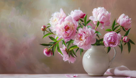 Bouquet of pink peonies in a white vase on a wooden table.の素材
