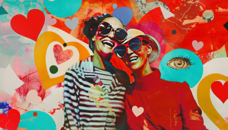 young pretty teenage hipster couple in love on colorful graffiti background, lifestyle people conceptの素材